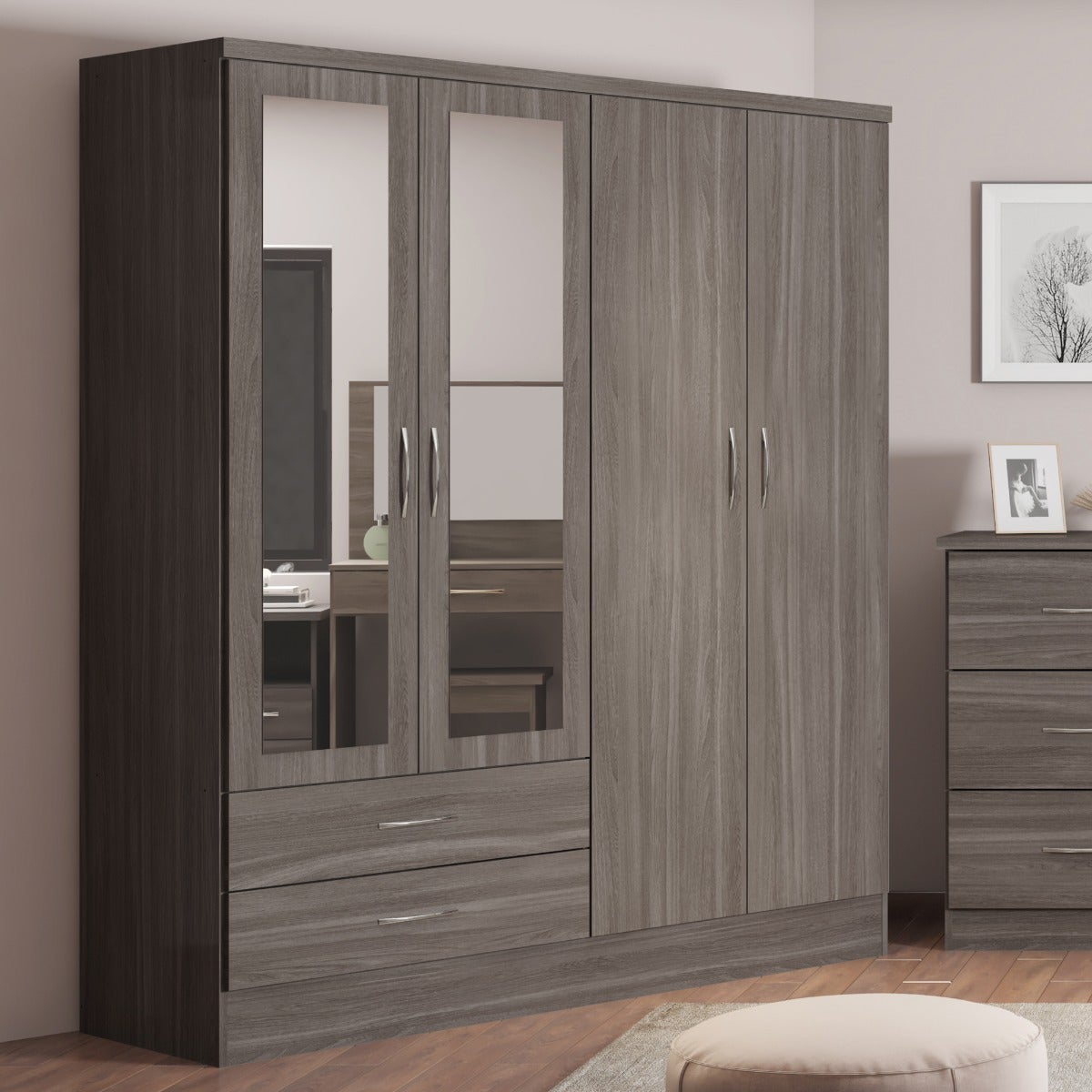 Nevada 4 Door 2 Drawer Wardrobe - Black Wood Grain - view 9