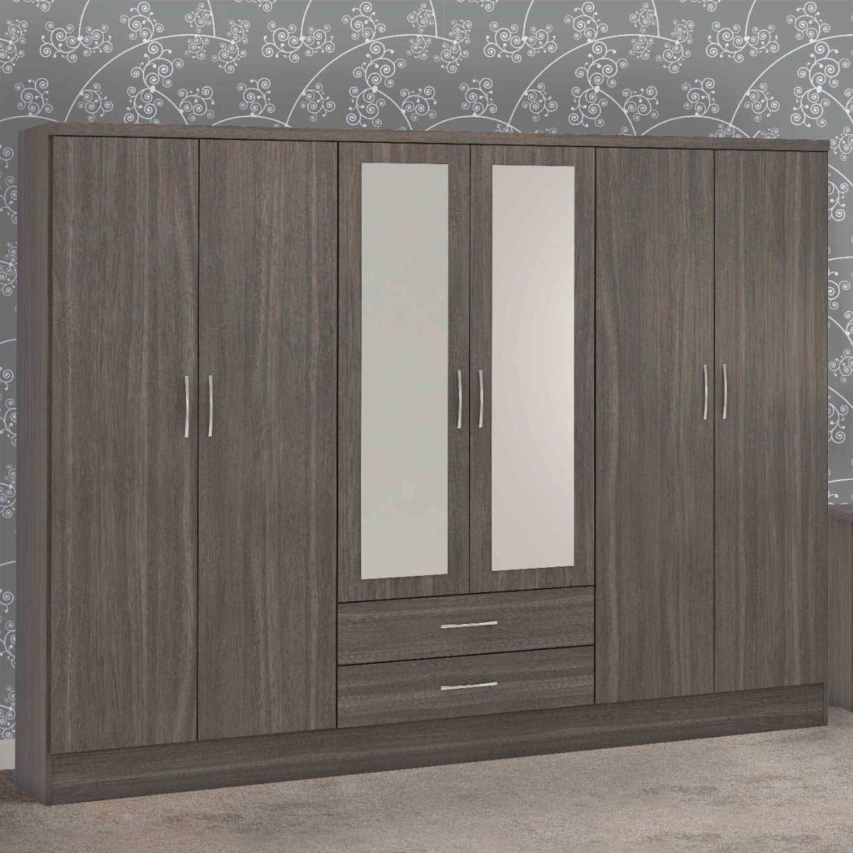 Nevada 6 Door 2 Drawer Wardrobe - Black Wood Grain - view 14