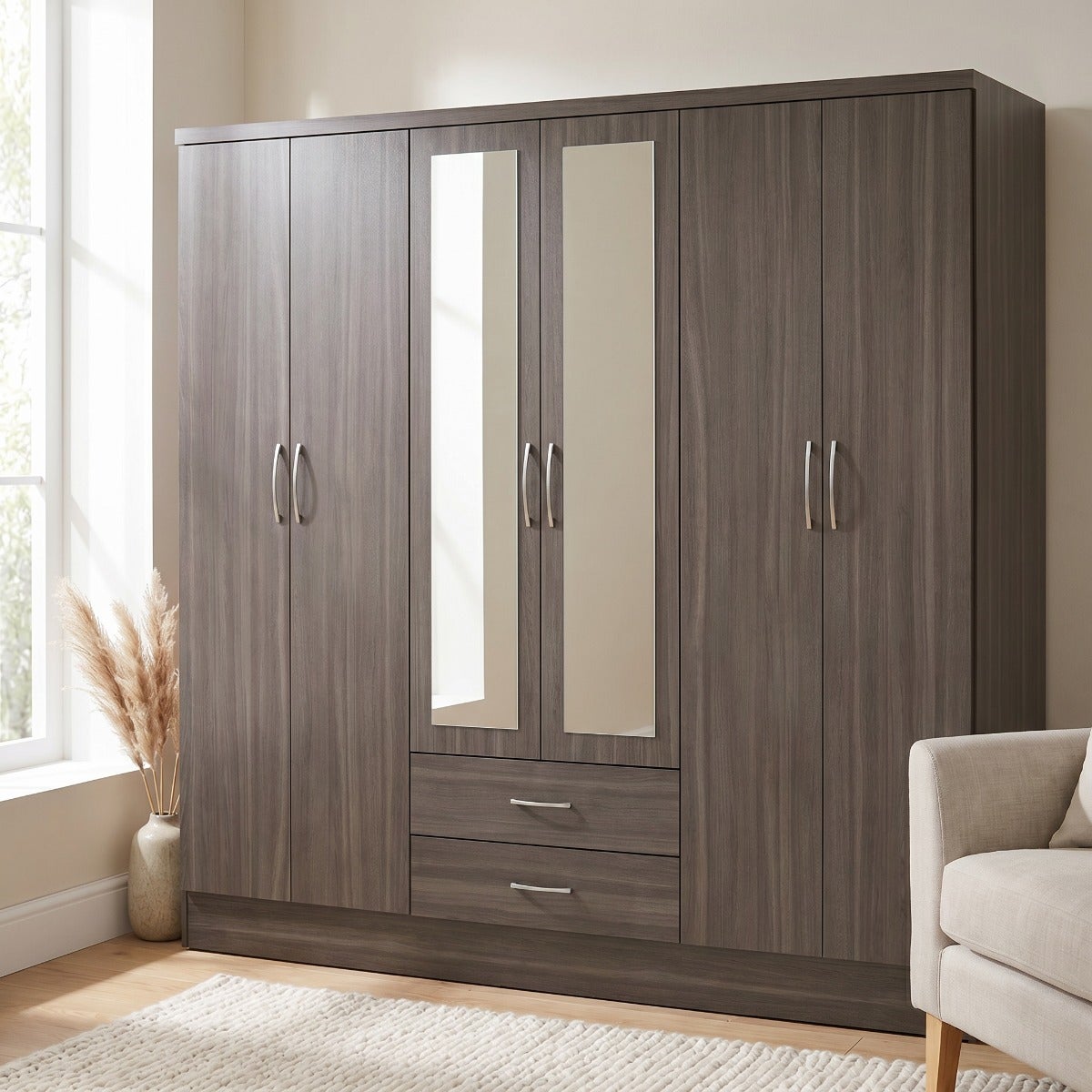 Nevada 6 Door 2 Drawer Wardrobe - Black Wood Grain