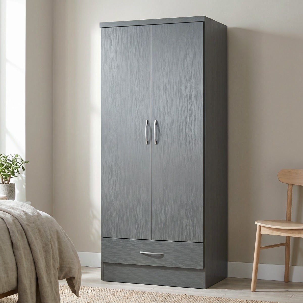 Nevada 2 Door 1 Drawer Wardrobe - 3D Effect Grey