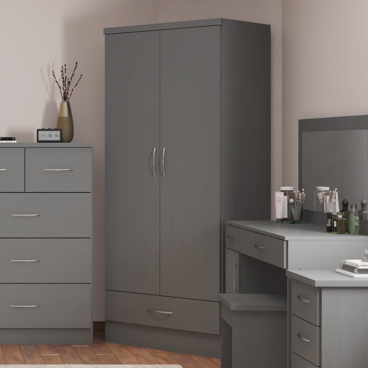 Nevada 2 Door 1 Drawer Wardrobe - 3D Effect Grey - view 9
