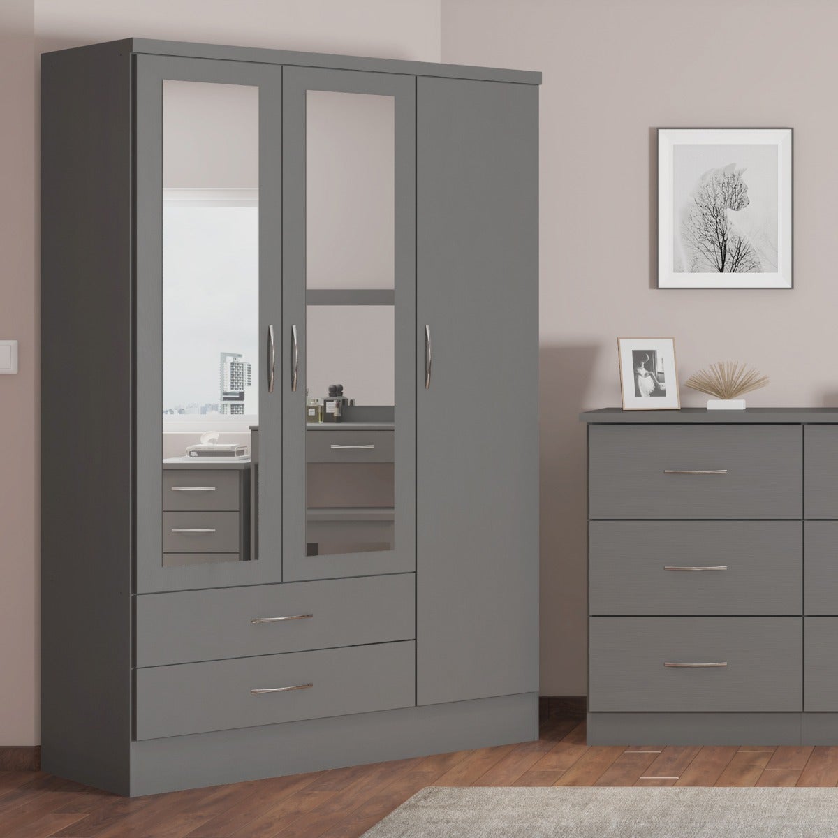 Nevada 3 Door 2 Drawer Wardrobe - 3D Effect Grey - view 9