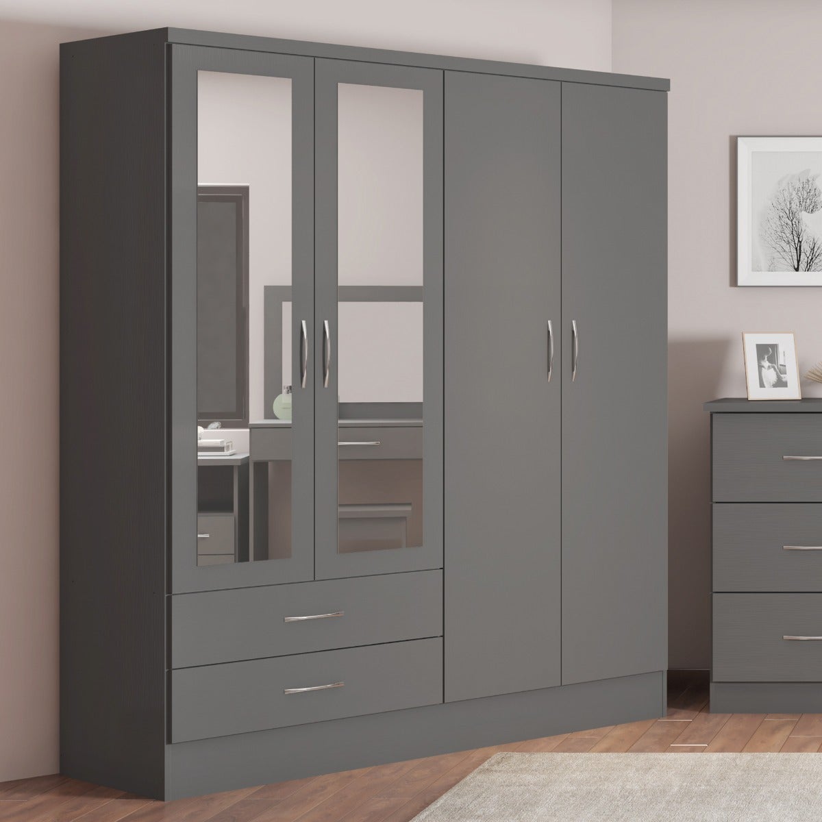 Nevada 4 Door 2 Drawer Wardrobe - 3D Effect Grey - view 9