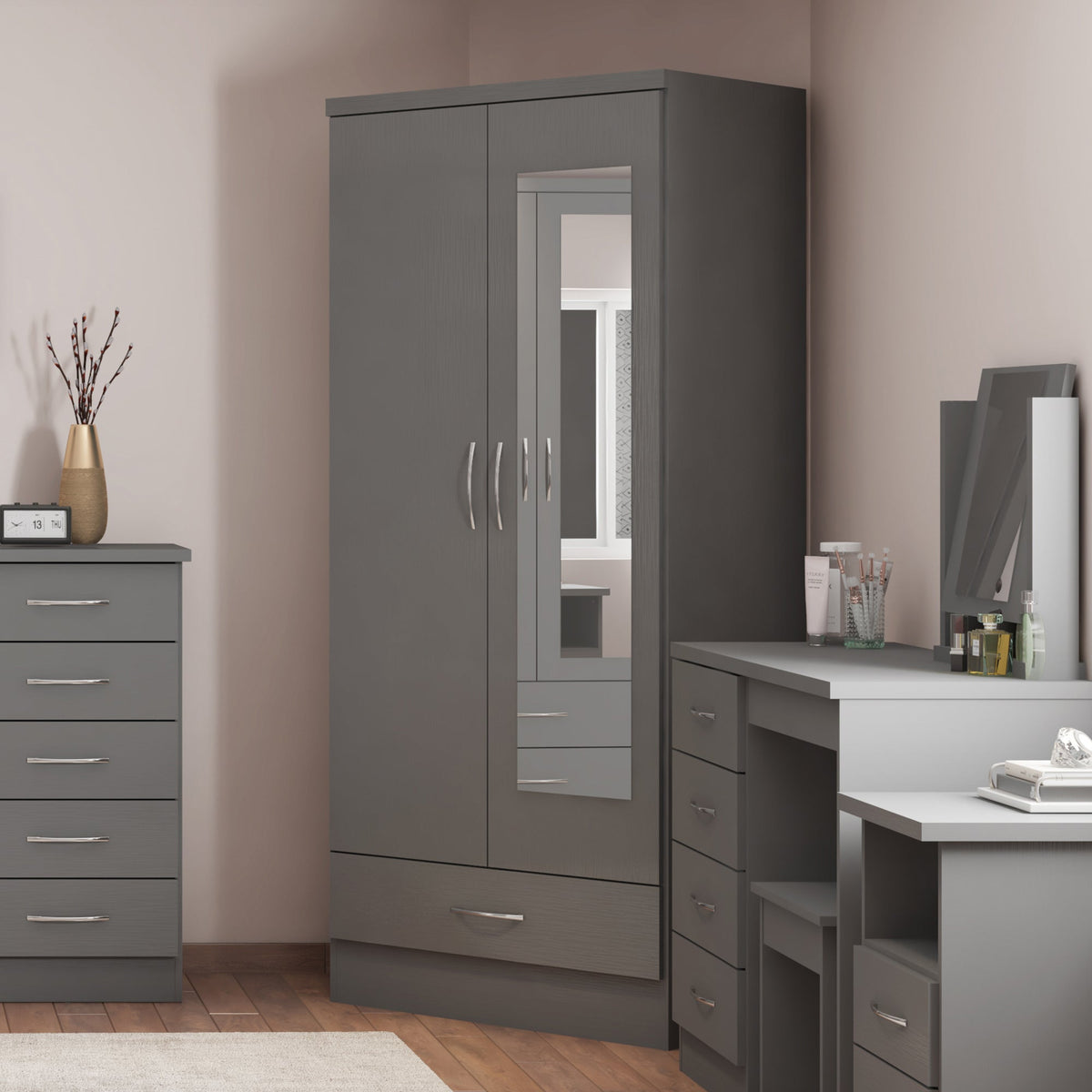 Nevada Mirrored 2 Door Wardrobe - 3D Effect Grey - view 3