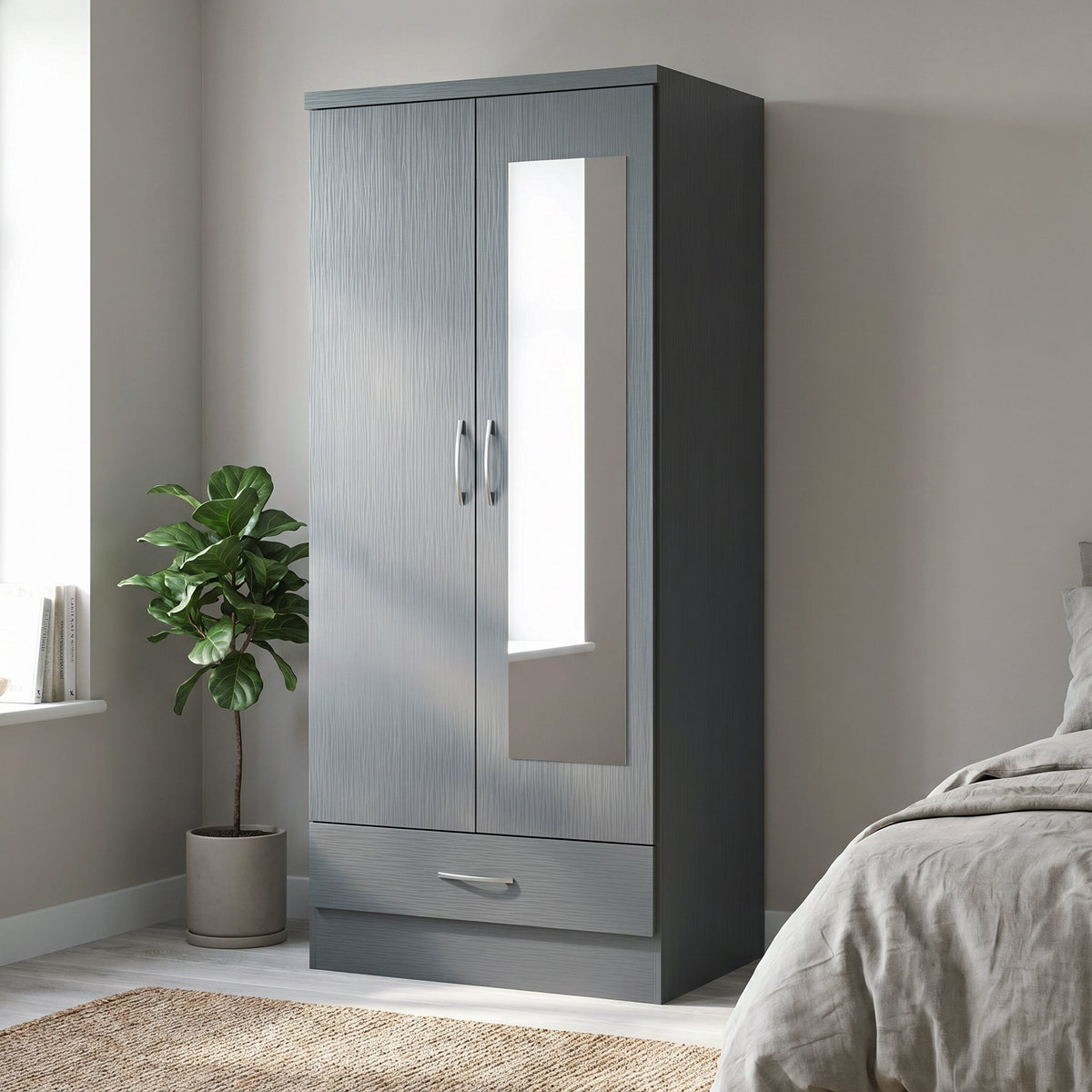 Nevada Mirrored 2 Door Wardrobe - 3D Effect Grey