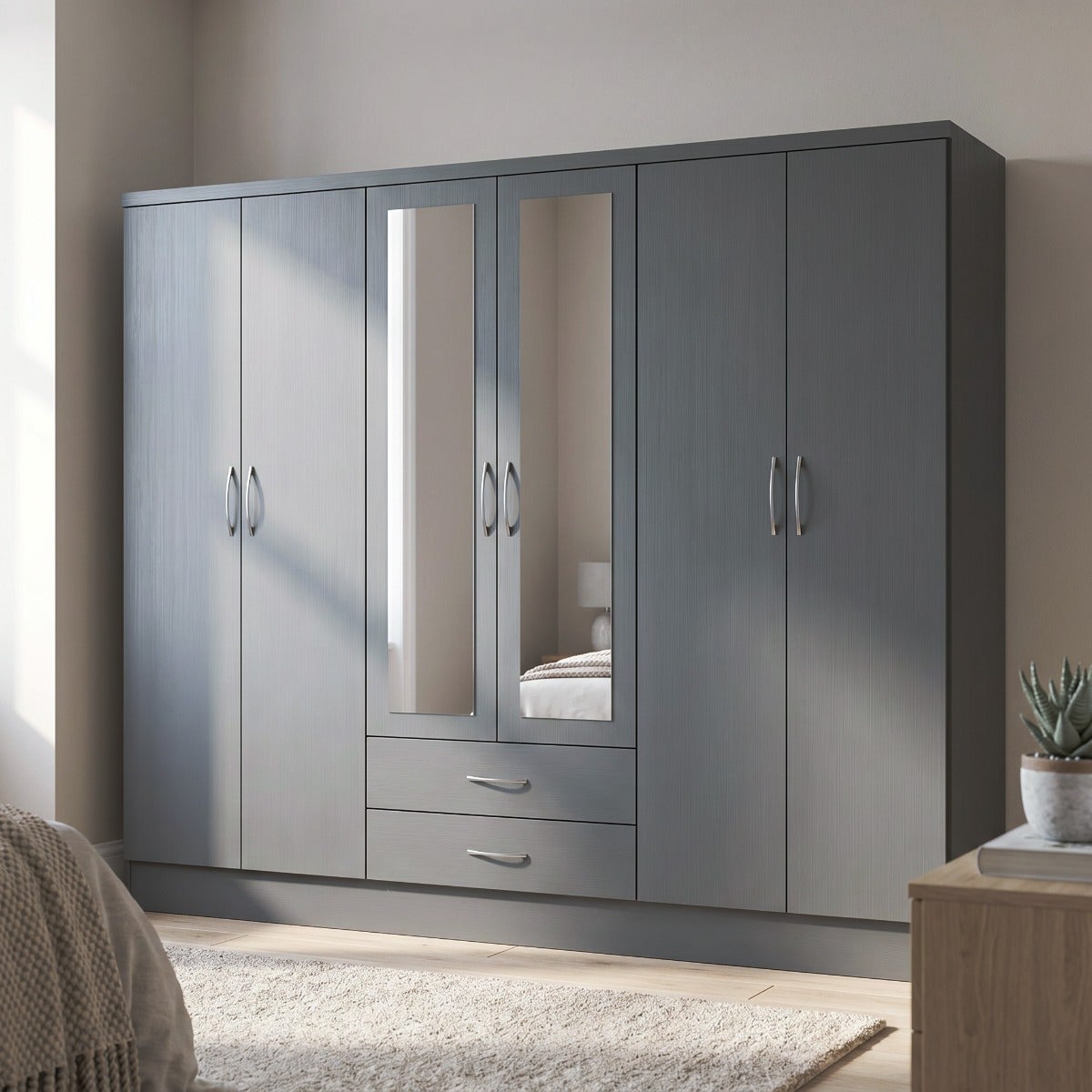 Nevada 6 Door 2 Drawer Wardrobe - 3D Effect Grey