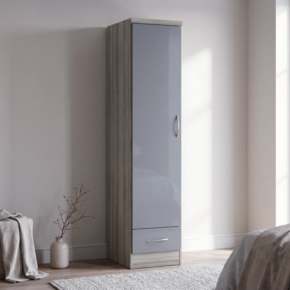 Nevada 1 Door 1 Drawer Wardrobe - Grey Gloss/Light Oak Effect Veneer