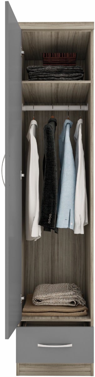 Nevada 1 Door 1 Drawer Wardrobe - Grey Gloss/Light Oak Effect Veneer - view 7