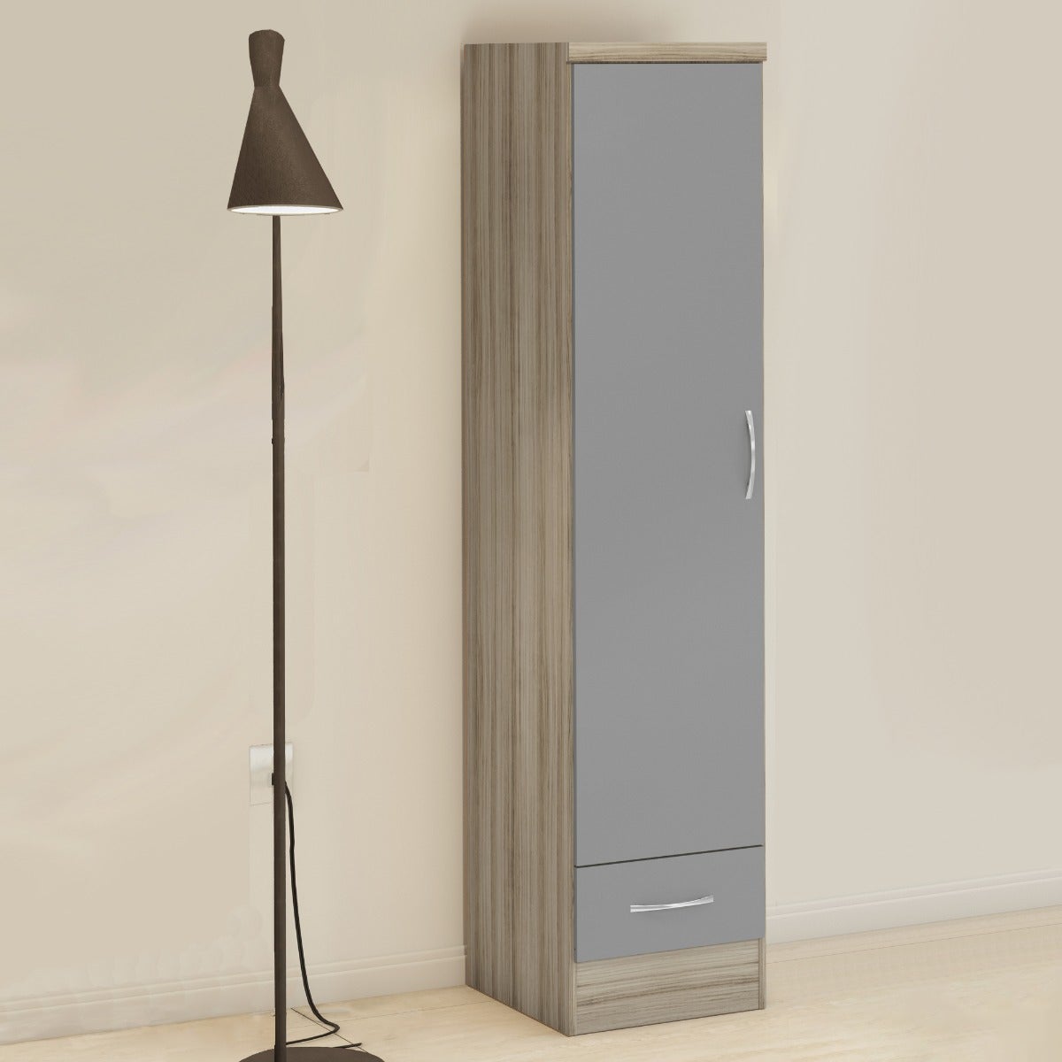 Nevada 1 Door 1 Drawer Wardrobe - Grey Gloss/Light Oak Effect Veneer - view 9