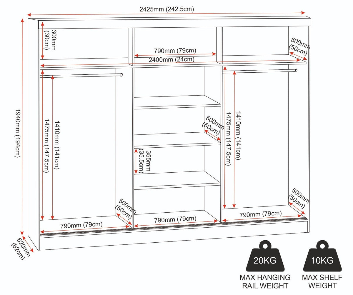 Nevada 3 Door Slider Wardrobe - White Gloss - view 15