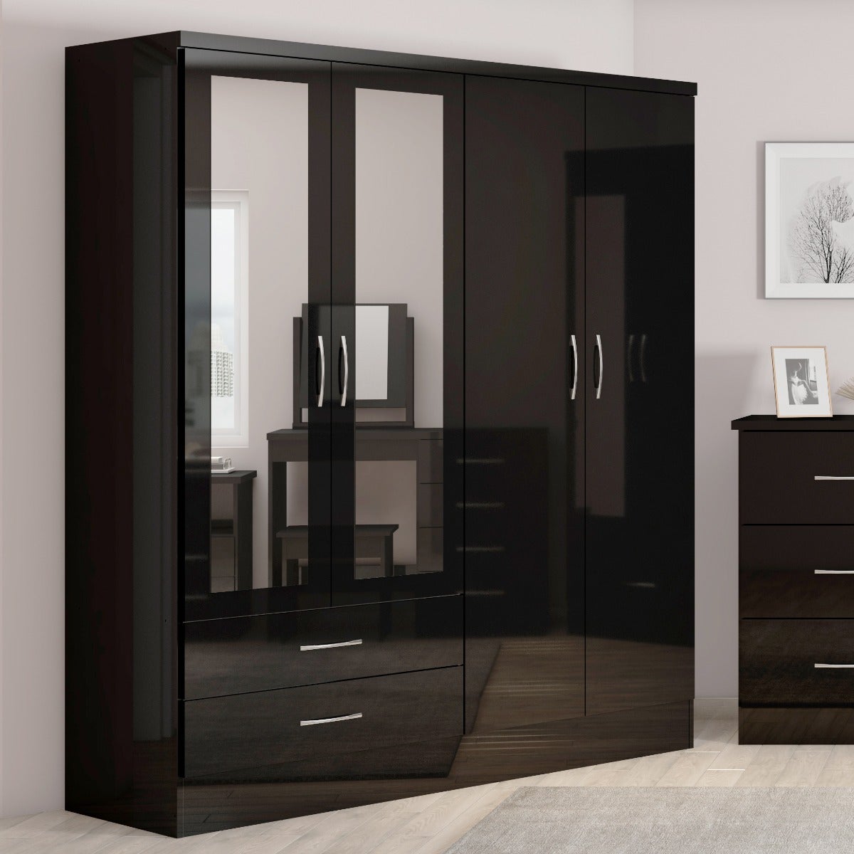 Nevada 4 Door 2 Drawer Wardrobe - Black Gloss - view 10