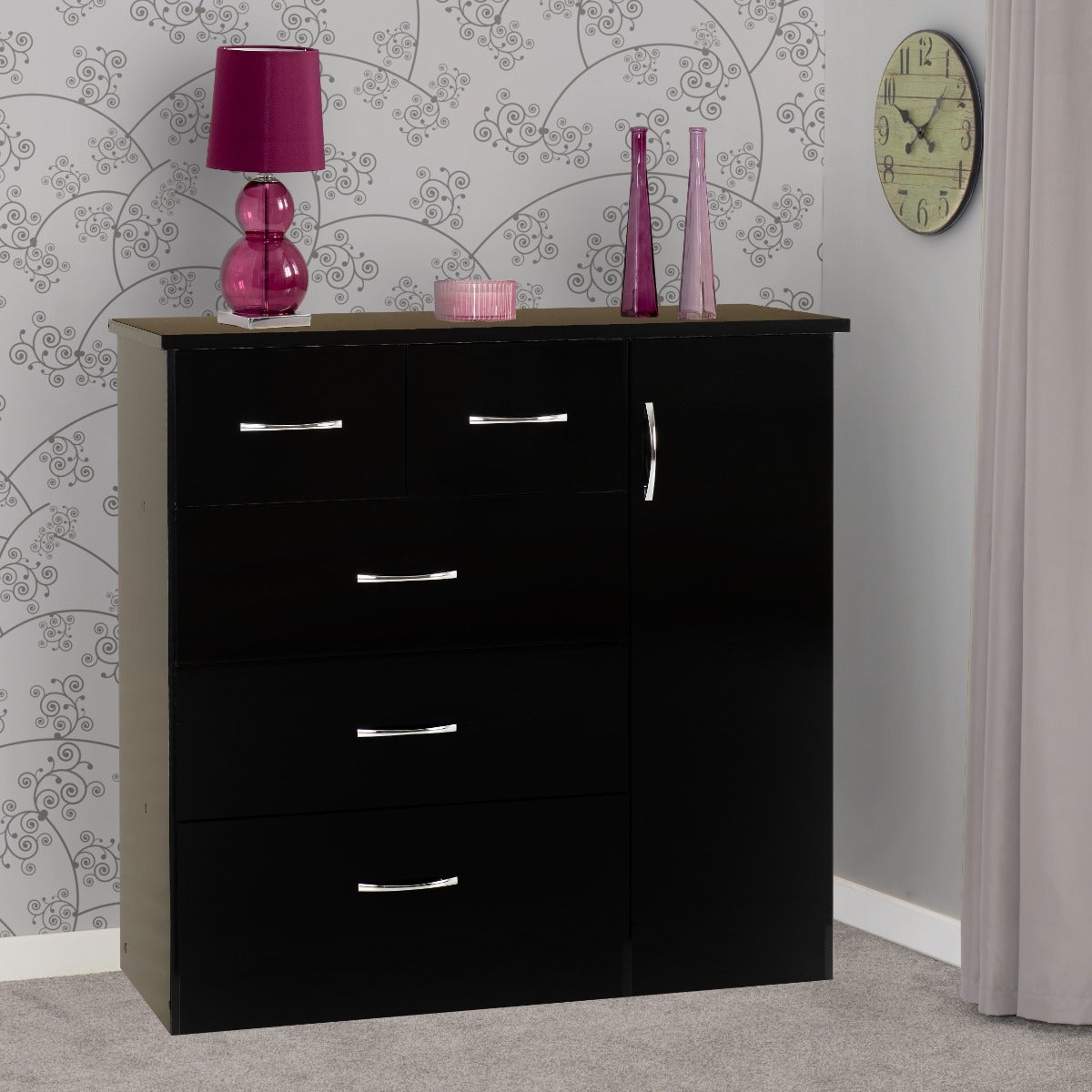 Nevada 5 Drawer Low Wardrobe - Black Gloss - view 8