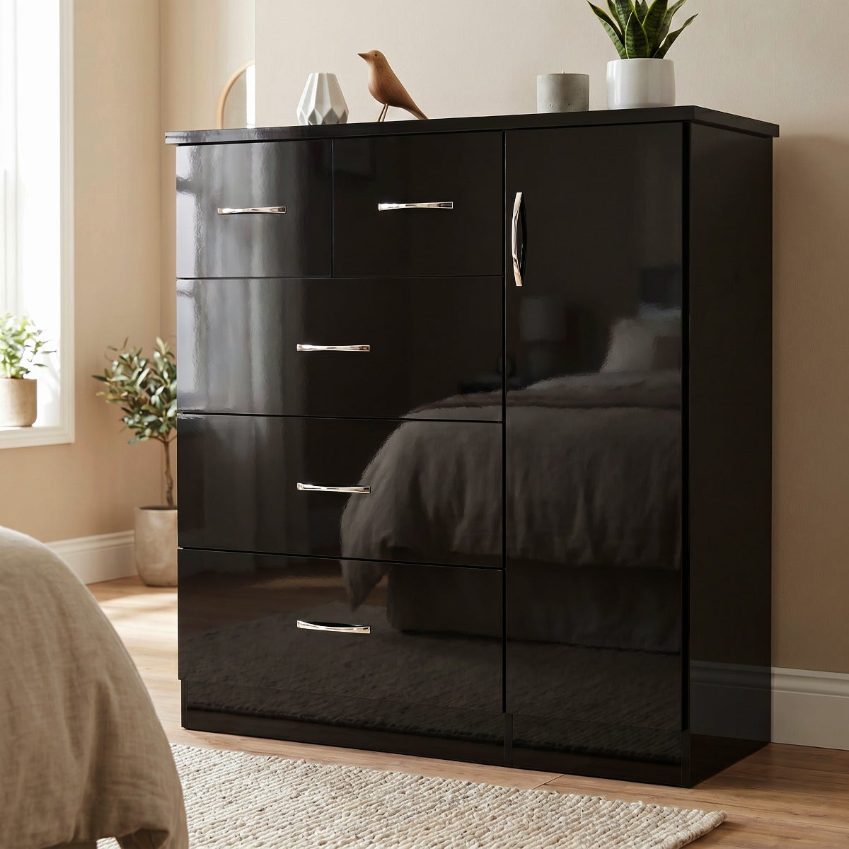 Nevada 5 Drawer Low Wardrobe - Black Gloss