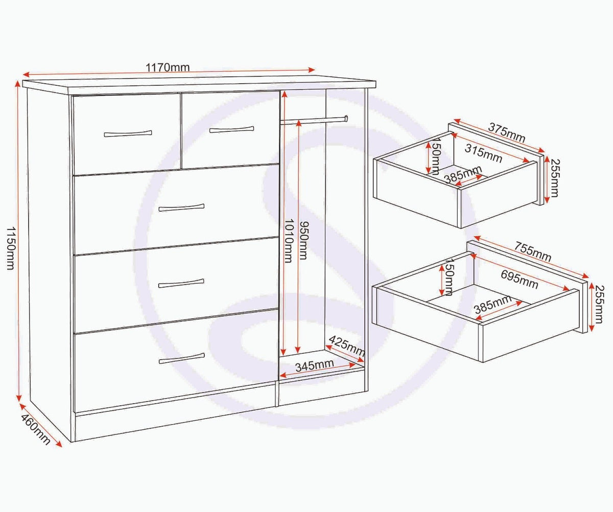 Nevada 5 Drawer Low Wardrobe - Black Gloss - view 9