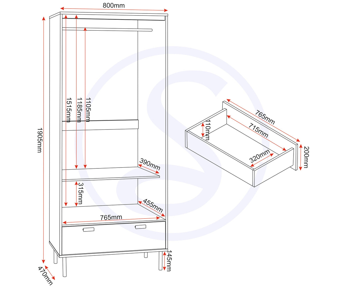 Leon 2 Door 1 Drawer Wardrobe - Medium Oak Effect - view 5