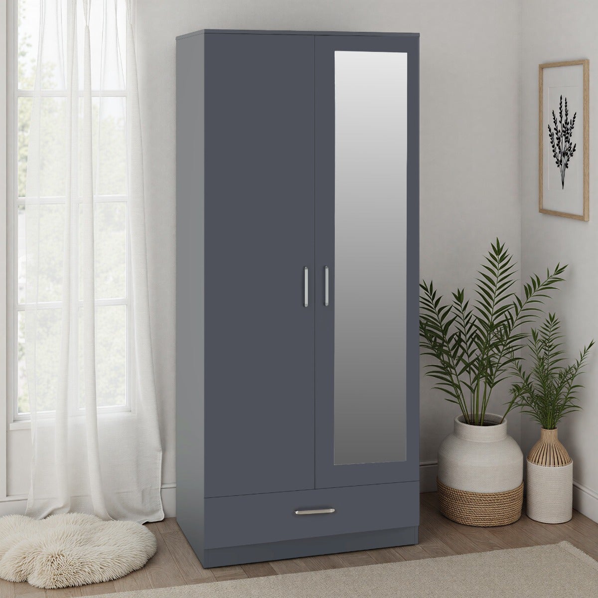 Dakota 2 Door 1 Drawer Mirrored Wardrobe - Dark Grey