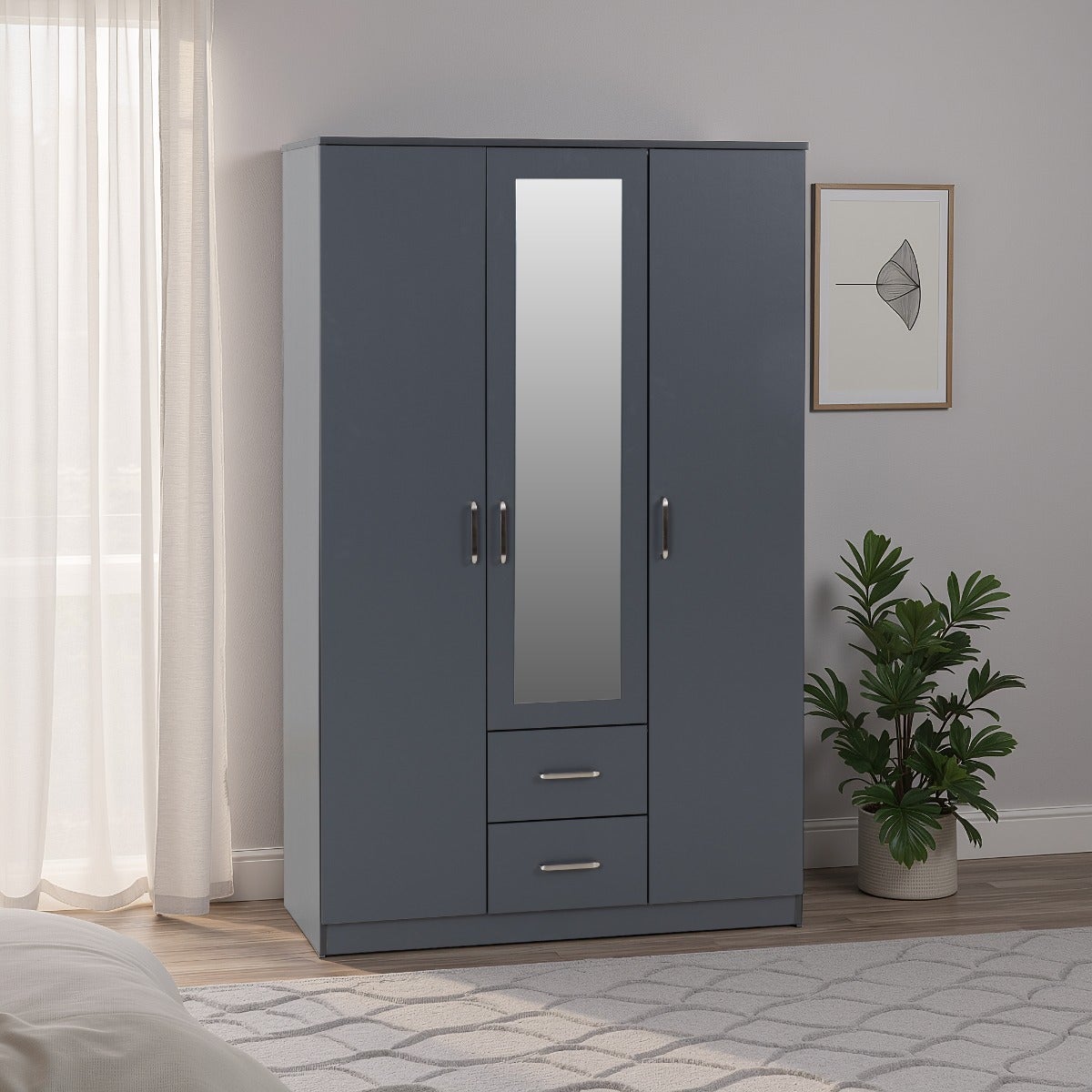 Dakota 3 Door 2 Drawer Mirrored Wardrobe - Dark Grey