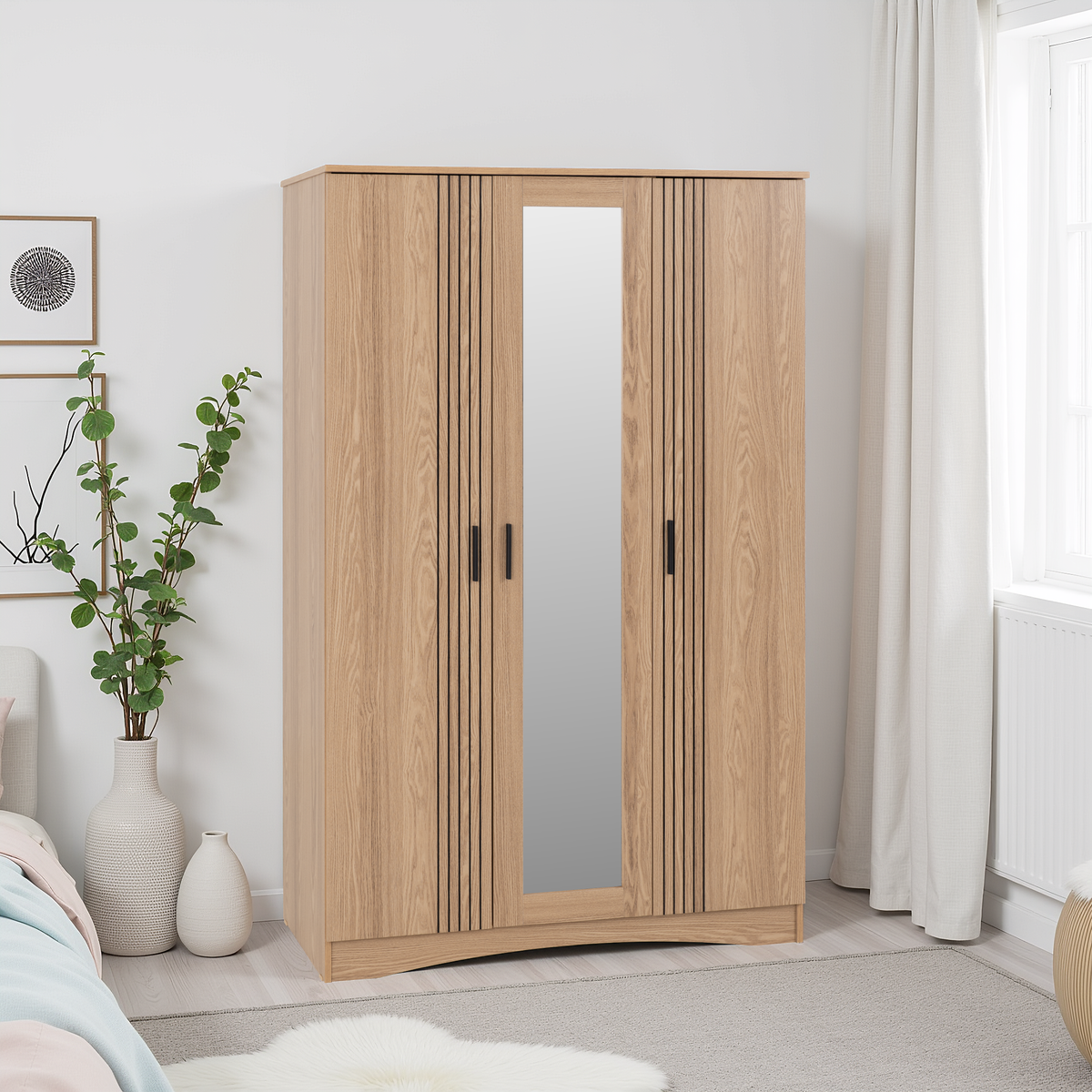 Tessa 3 Door Mirrored Wardrobe - Natural Oak Effect