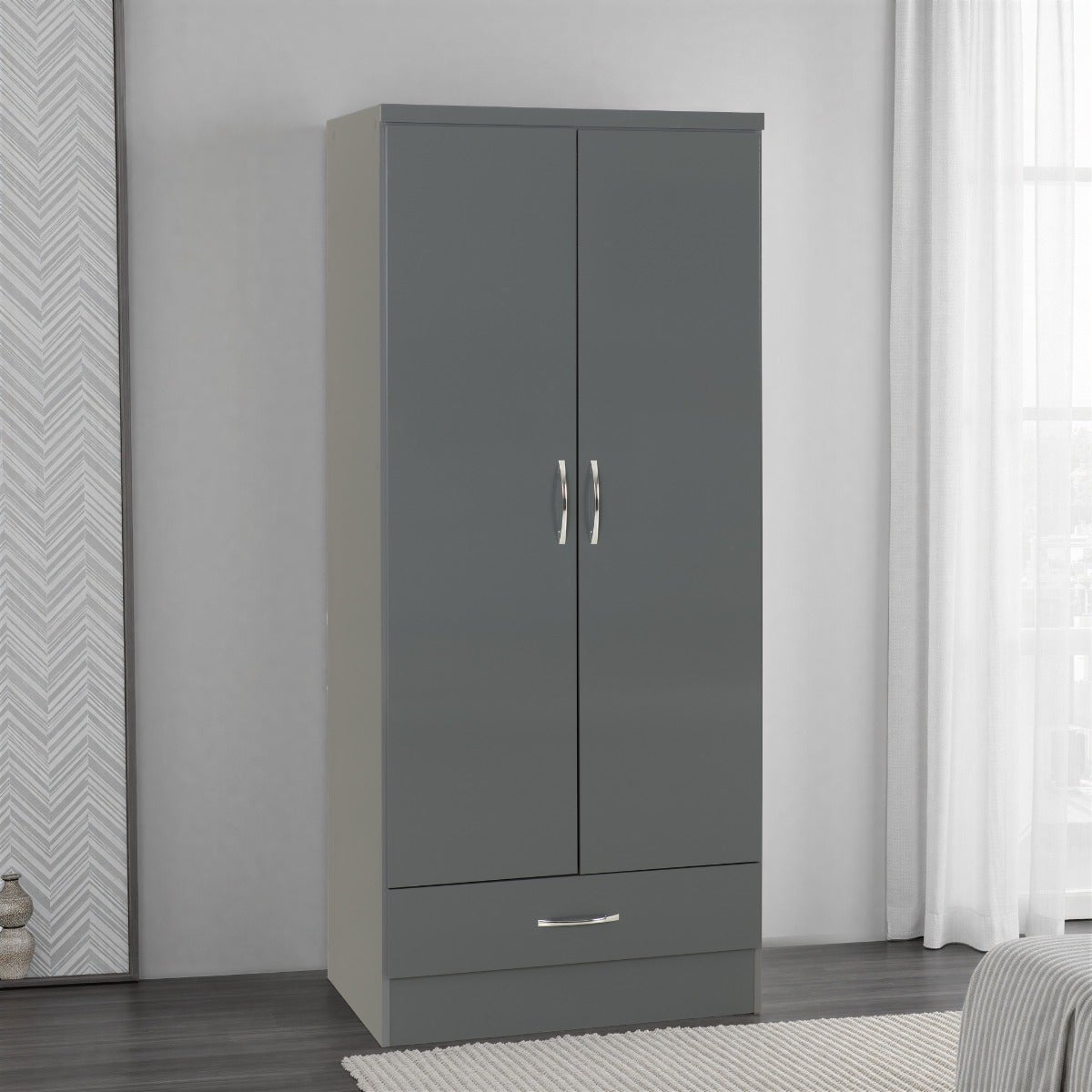 Nevada 2 Door 1 Drawer Wardrobe - Grey Gloss