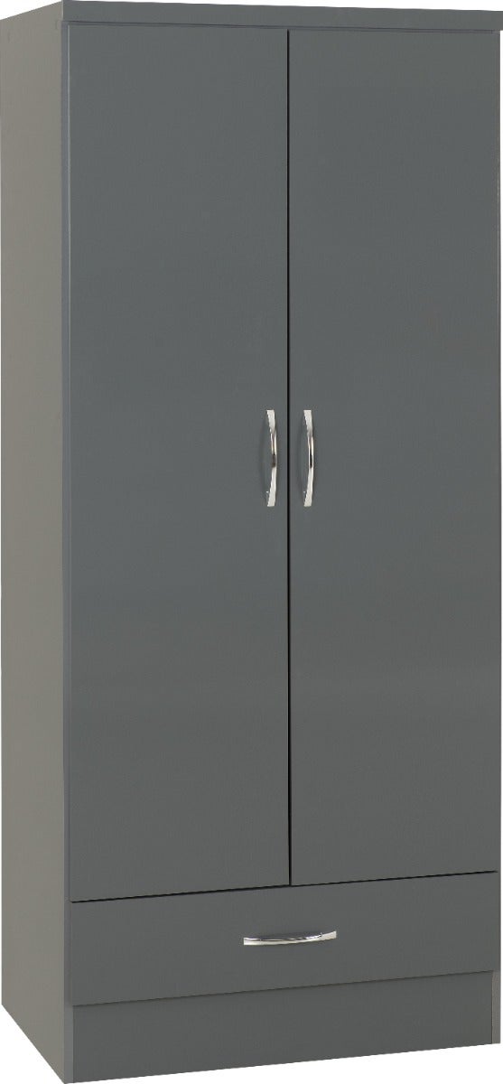 Nevada 2 Door 1 Drawer Wardrobe - Grey Gloss - view 2