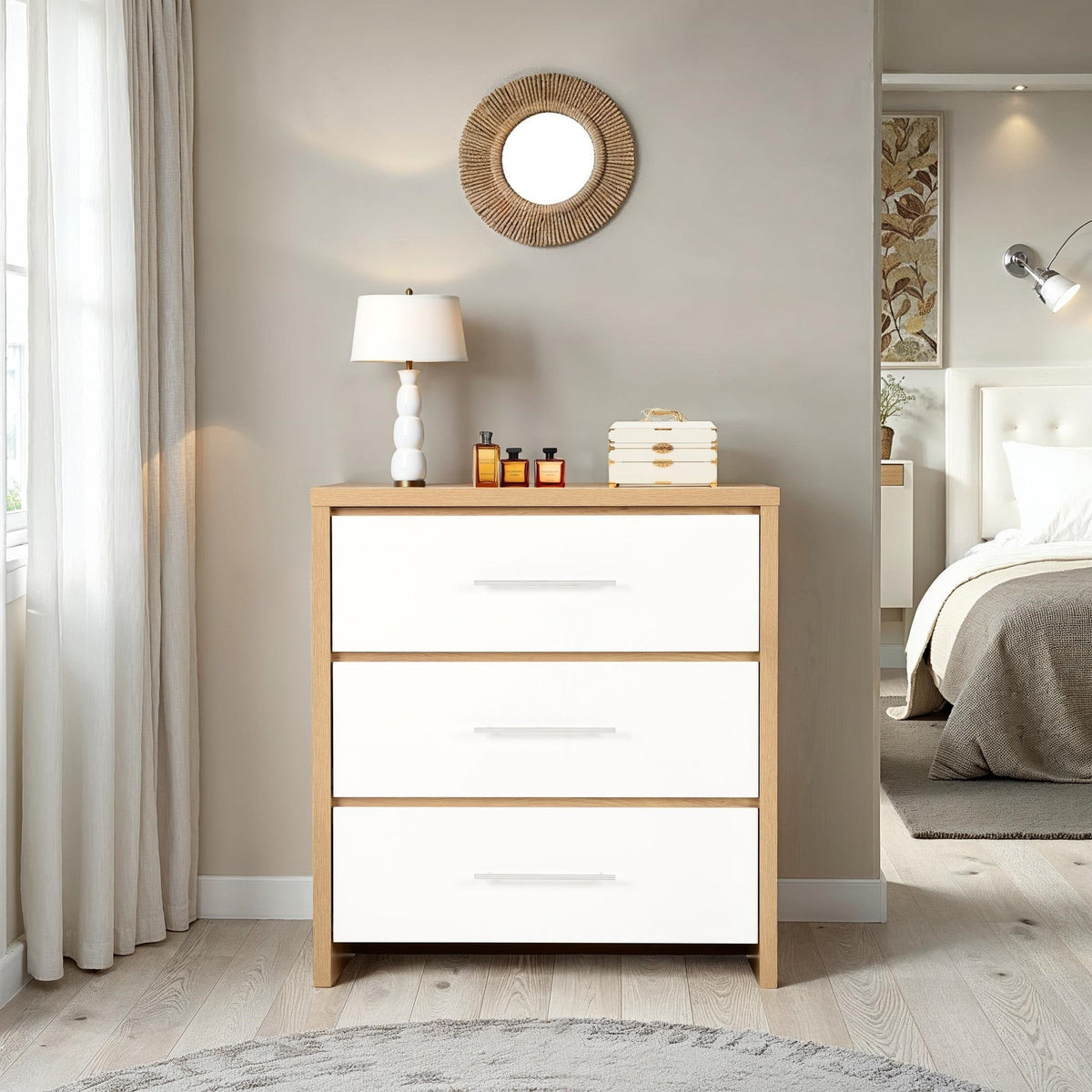 Seville 3 Drawer Chest - White Gloss/Light Oak Effect Veneer