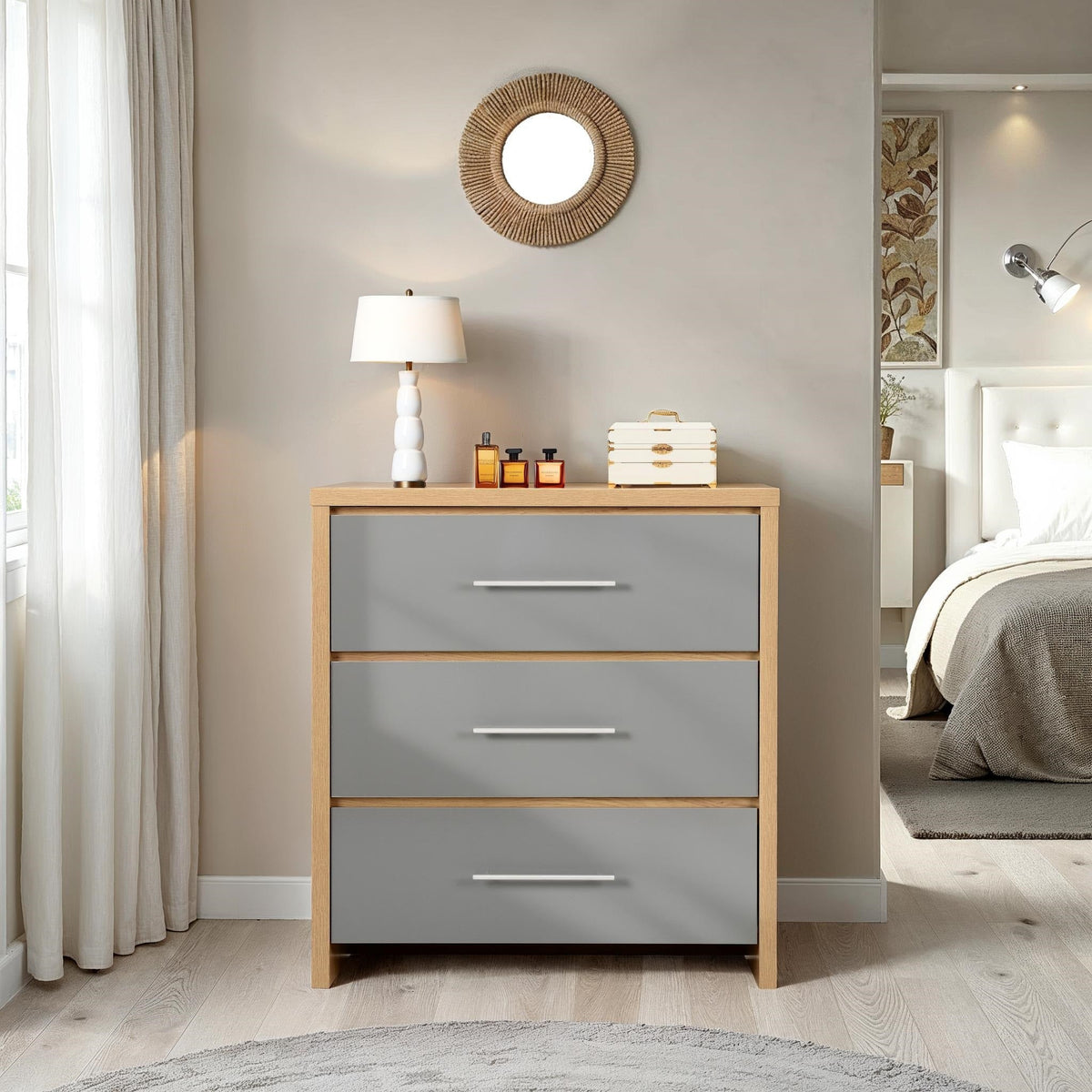 Seville 3 Drawer Chest - Grey Gloss/Light Oak Effect Veneer