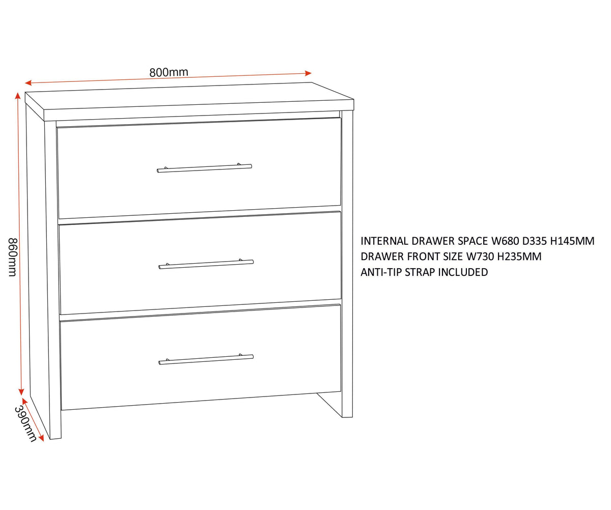 Seville 3 Drawer Chest - Grey Gloss/Light Oak Effect Veneer - view 2