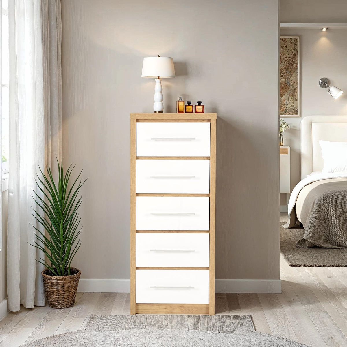 Seville 5 Drawer Narrow Chest - White Gloss/Light Oak Effect Veneer