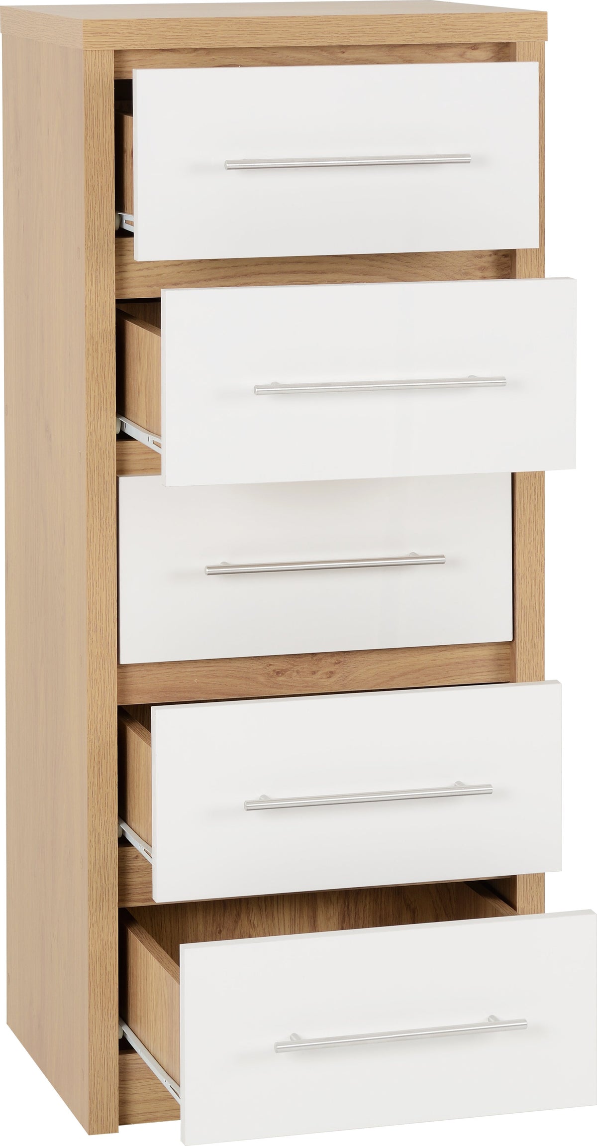 Seville 5 Drawer Narrow Chest - White Gloss/Light Oak Effect Veneer - view 8
