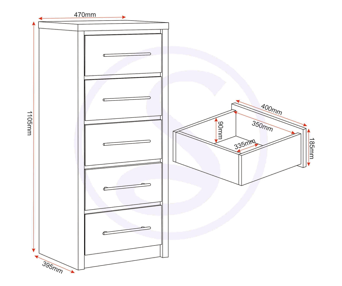 Seville 5 Drawer Narrow Chest - White Gloss/Light Oak Effect Veneer - view 3