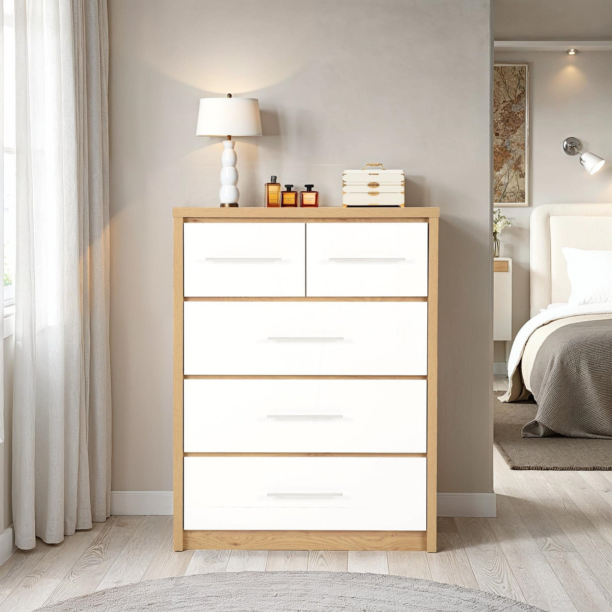 Seville 3+2 Drawer Chest - White Gloss/Light Oak Effect Veneer
