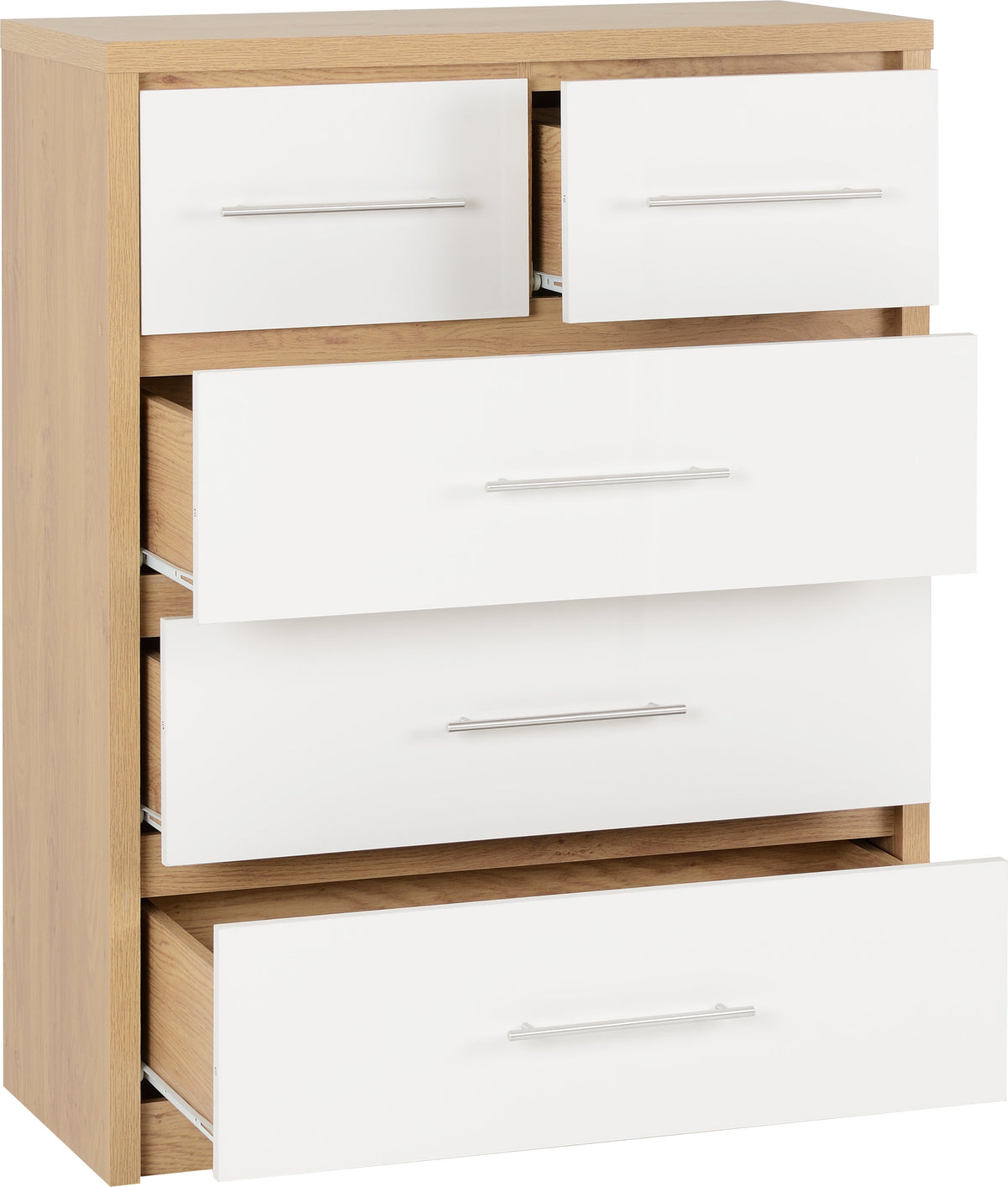 Seville 3+2 Drawer Chest - White Gloss/Light Oak Effect Veneer - view 8