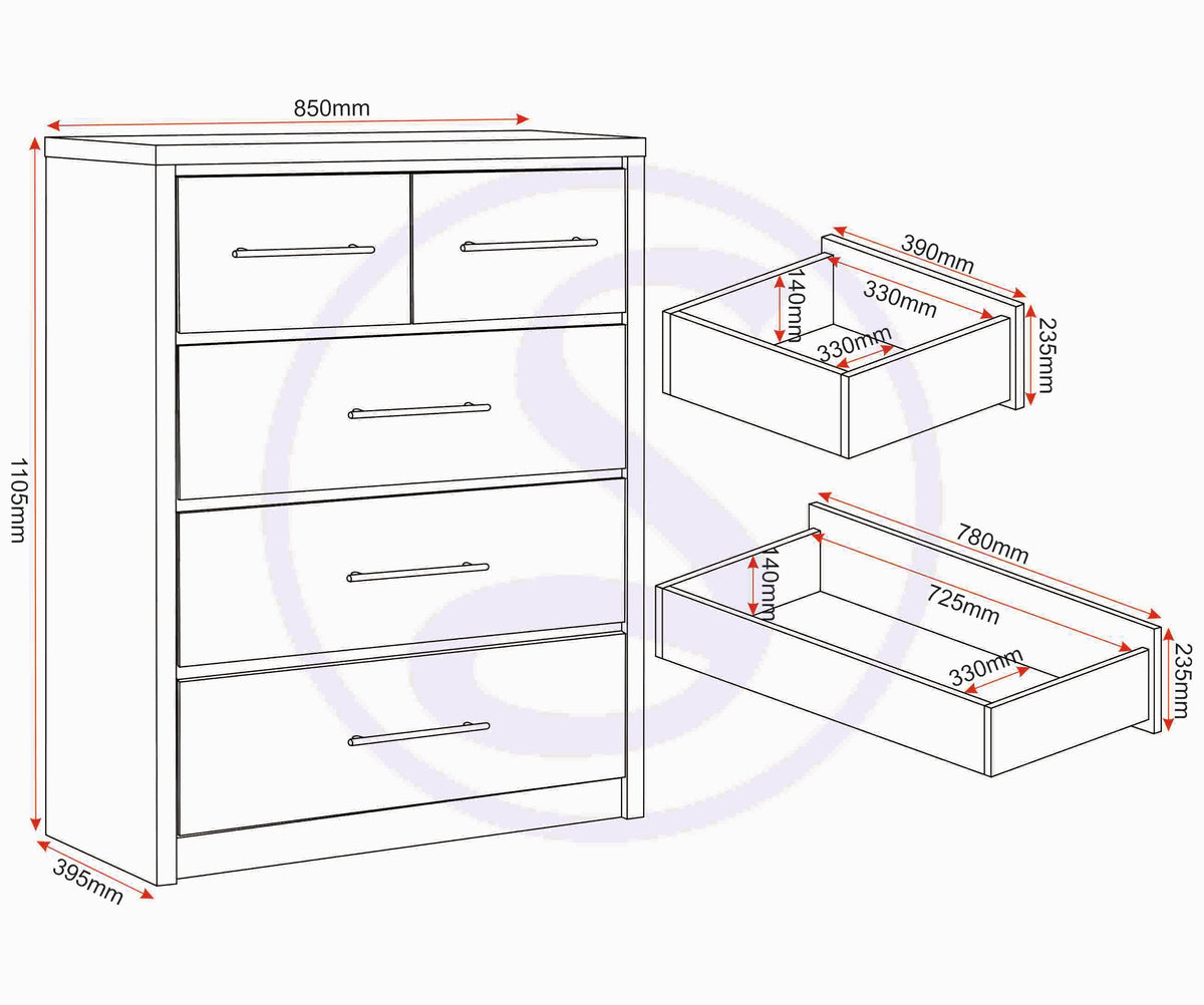 Seville 3+2 Drawer Chest - White Gloss/Light Oak Effect Veneer - view 3