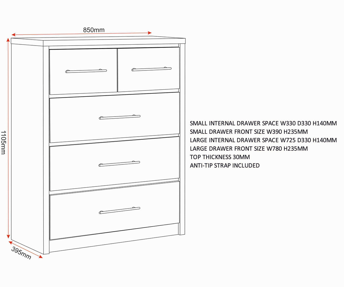 Seville 3+2 Drawer Chest - White Gloss/Light Oak Effect Veneer - view 2