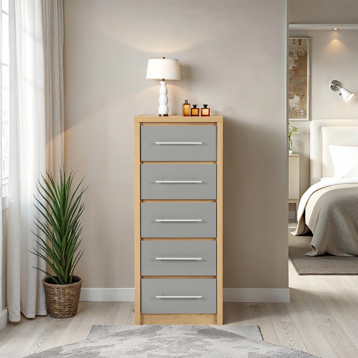 Seville 5 Drawer Narrow Chest - Grey Gloss/Light Oak Effect Veneer