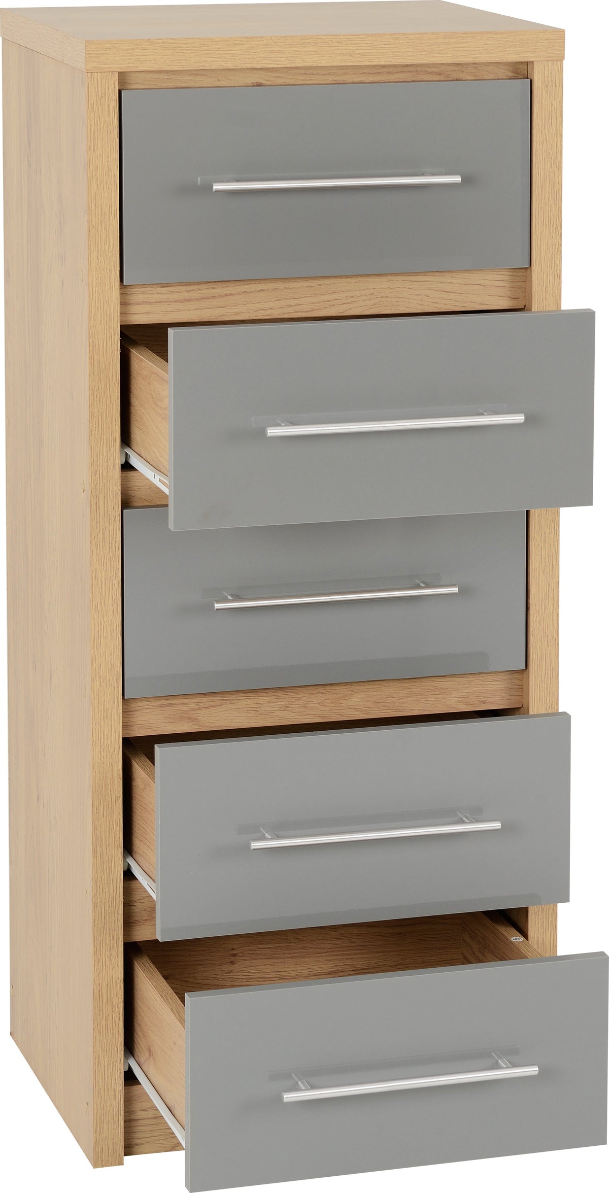 Seville 5 Drawer Narrow Chest - Grey Gloss/Light Oak Effect Veneer - view 9