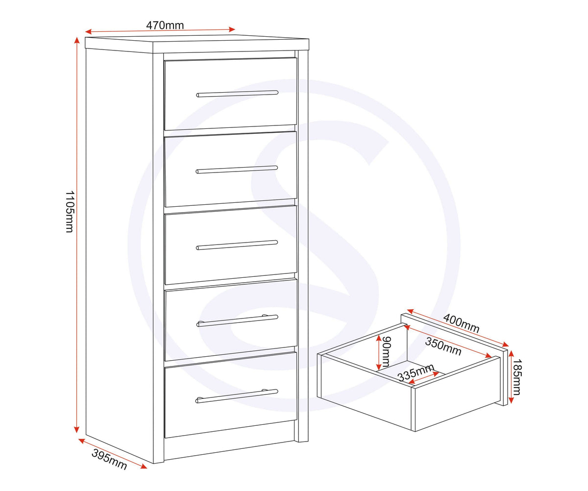 Seville 5 Drawer Narrow Chest - Grey Gloss/Light Oak Effect Veneer - view 3