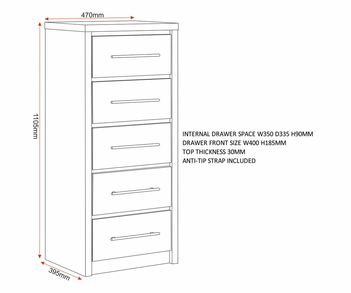 Seville 5 Drawer Narrow Chest - Grey Gloss/Light Oak Effect Veneer - view 2