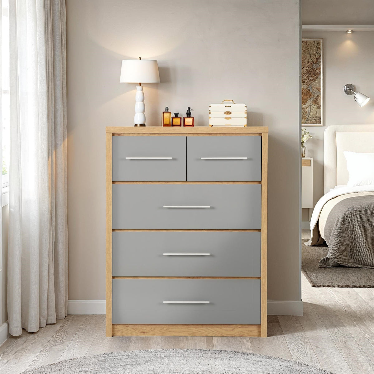 Seville 3+2 Drawer Chest - Grey Gloss/Light Oak Effect Veneer