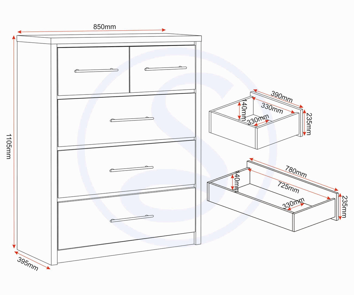 Seville 3+2 Drawer Chest - Grey Gloss/Light Oak Effect Veneer - view 3