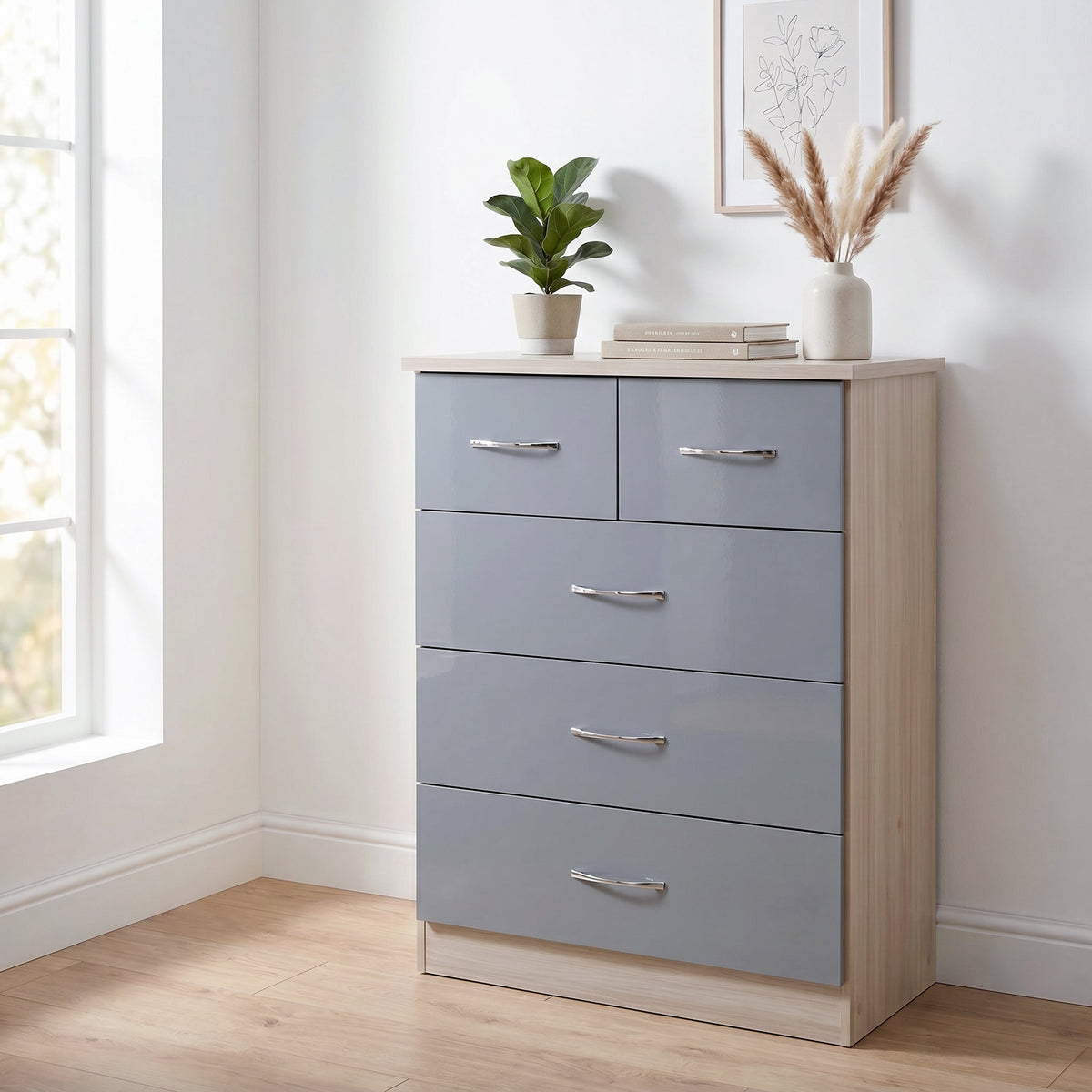 Nevada 3+2 Drawer Chest - Grey Gloss/Light Oak Effect Veneer