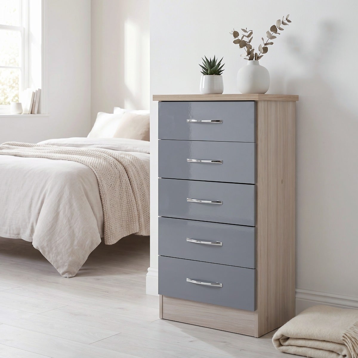Nevada 5 Drawer Narrow Chest - Grey Gloss/Light Oak Effect Veneer
