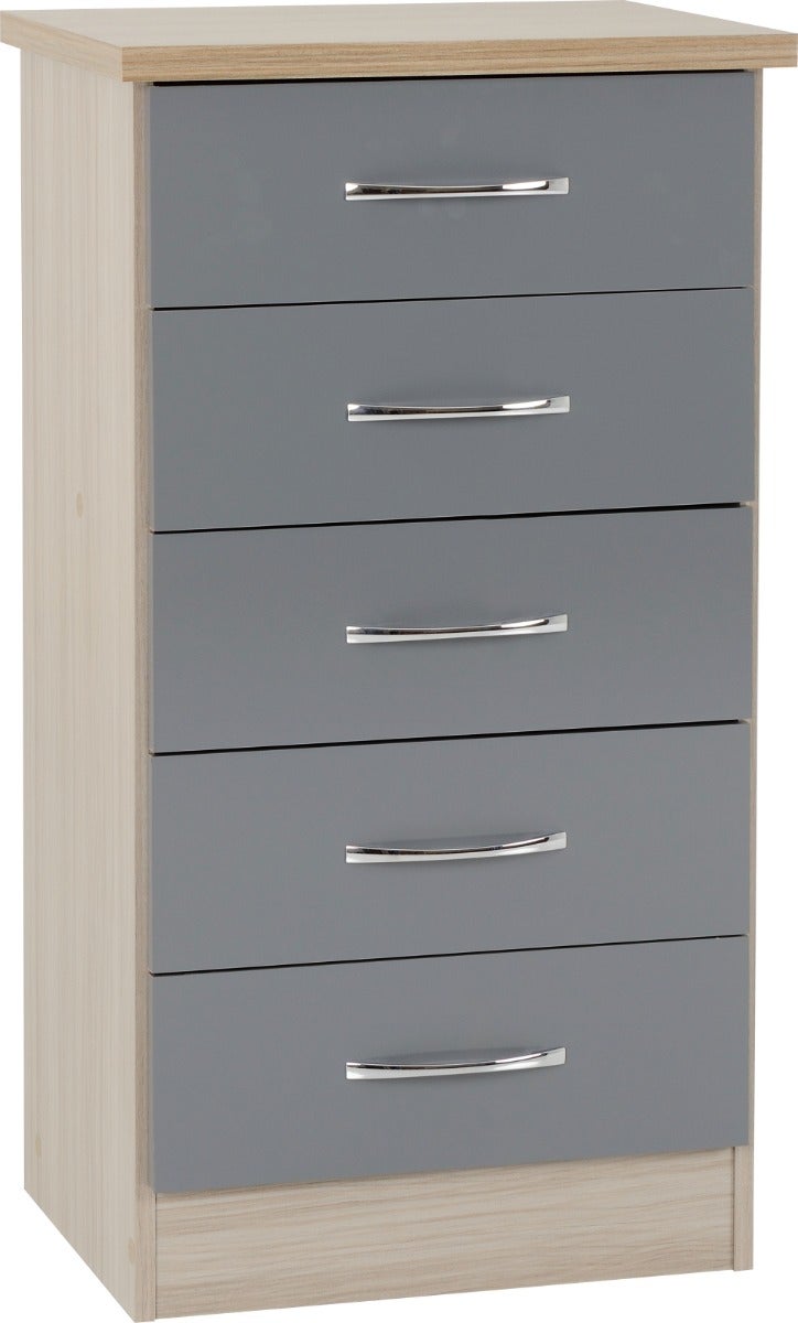Nevada 5 Drawer Narrow Chest - Grey Gloss/Light Oak Effect Veneer - view 2