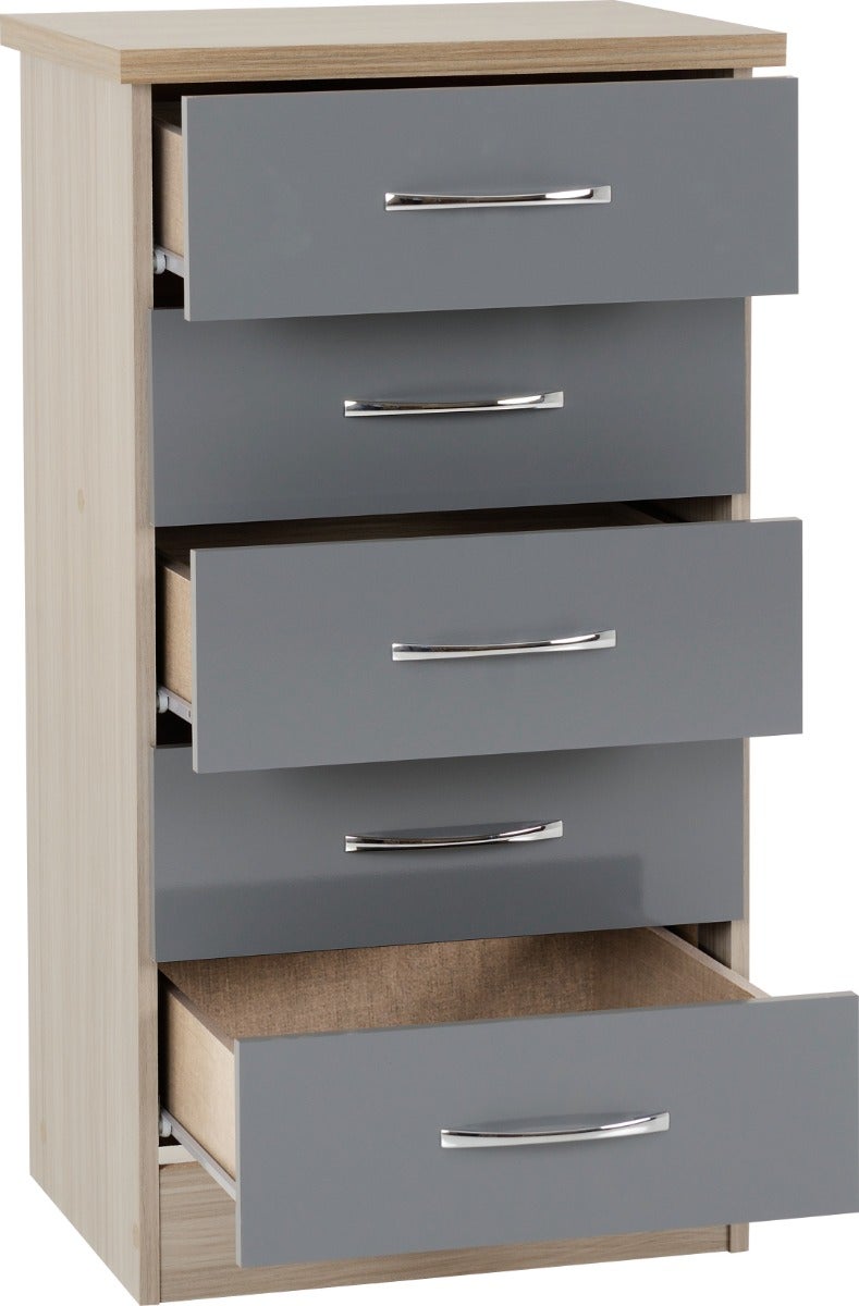Nevada 5 Drawer Narrow Chest - Grey Gloss/Light Oak Effect Veneer - view 3