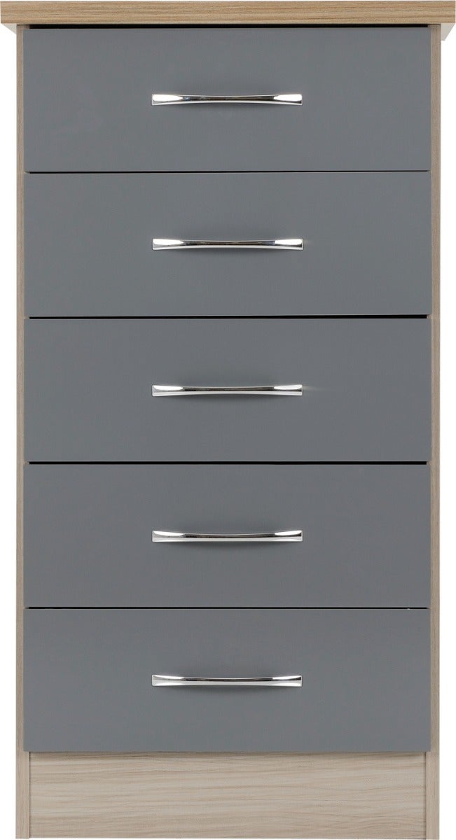 Nevada 5 Drawer Narrow Chest - Grey Gloss/Light Oak Effect Veneer - view 4