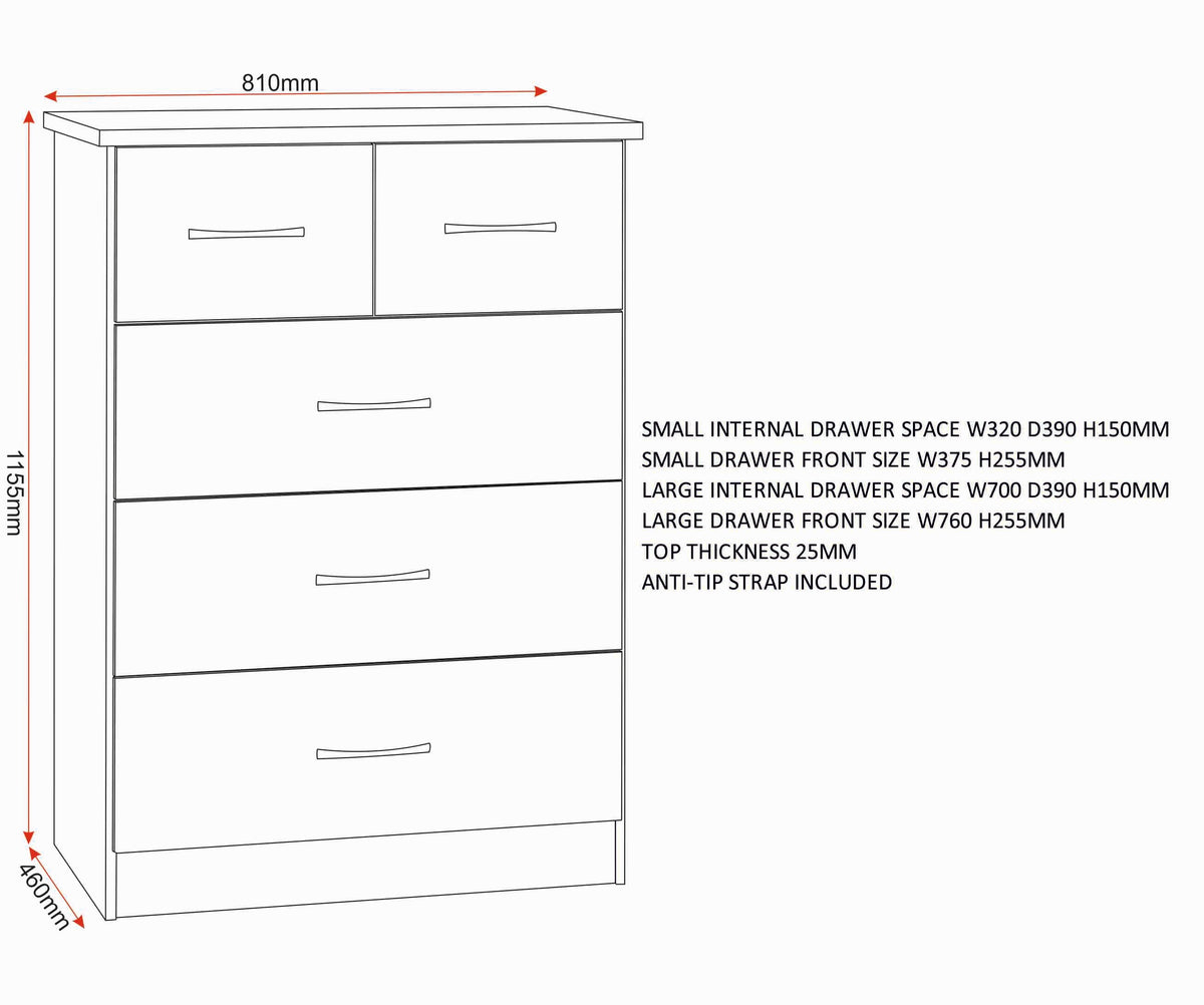 Nevada 3+2 Drawer Chest - White Gloss - view 2