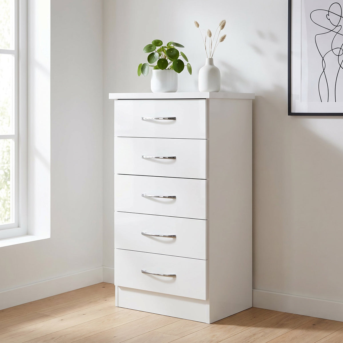 Nevada 5 Drawer Narrow Chest - White Gloss