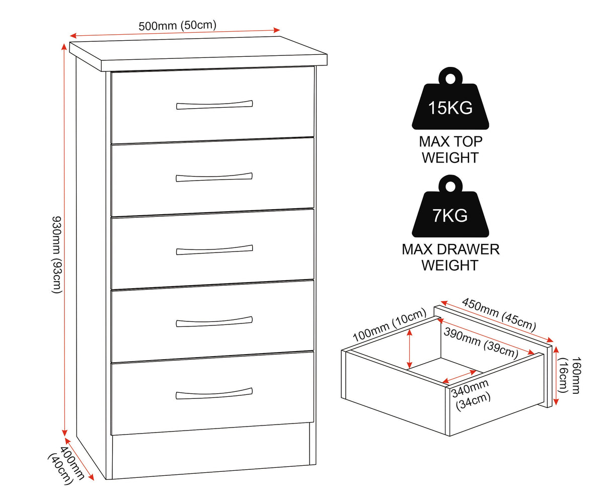 Nevada 5 Drawer Narrow Chest - White Gloss - view 2