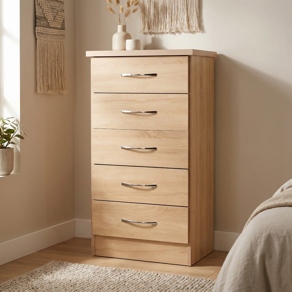 Nevada 5 Drawer Narrow Chest - Sonoma Oak Effect
