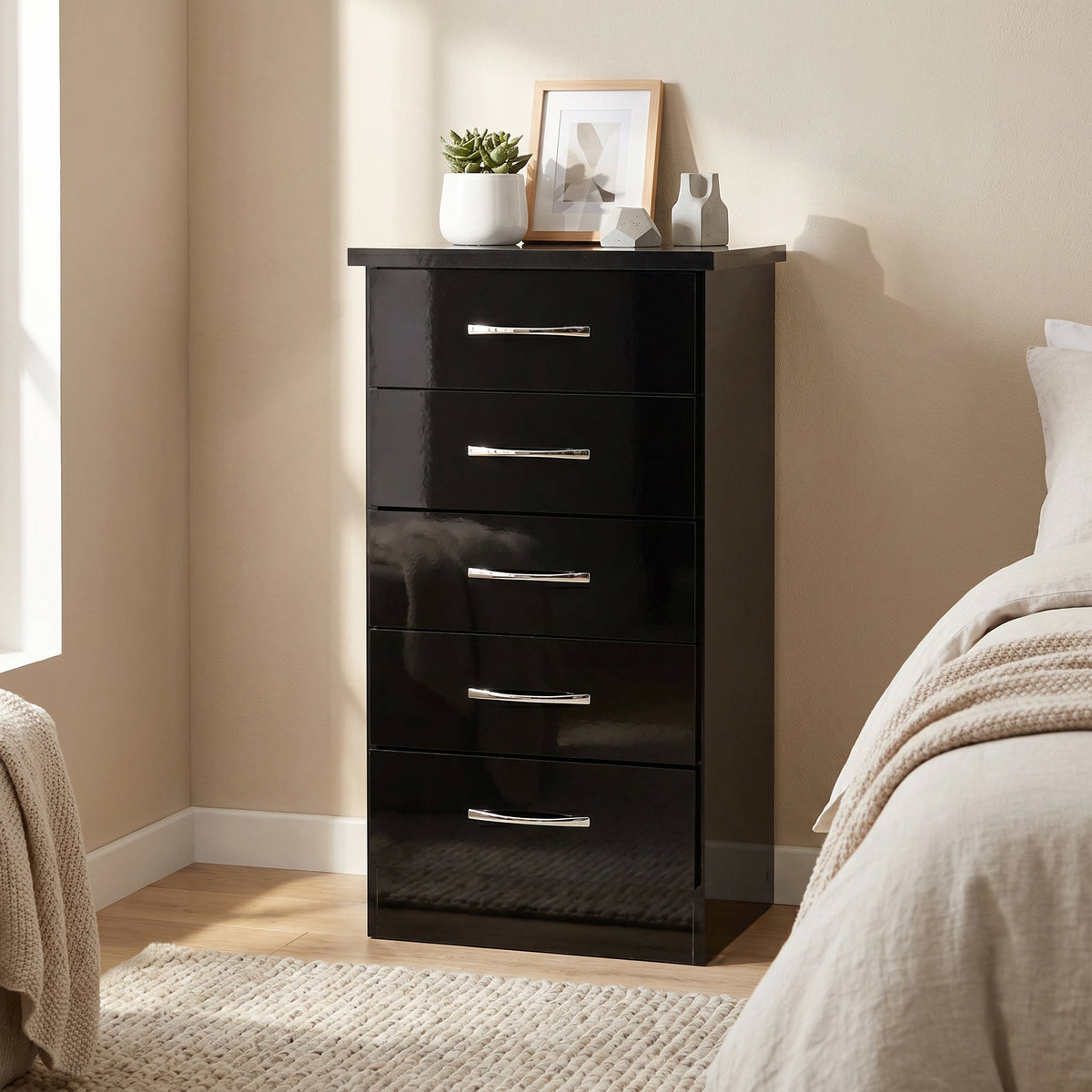 Nevada 5 Drawer Narrow Chest - Black Gloss